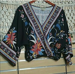 Flying Tomato colorful floral kimono surplice crop top